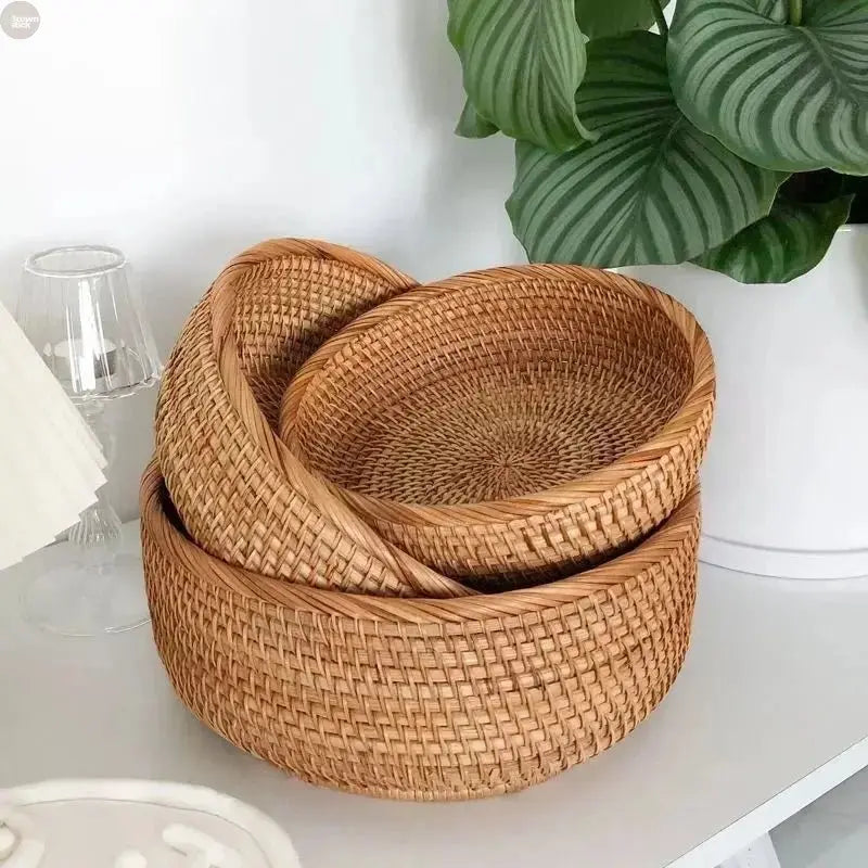Round Rattan Woven Basket, Wicker Fruit Basket, Bread Food Kitchen Home Decor Organizer, Breadbasket For Kitchen - Brownstick