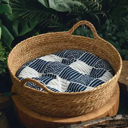 Round Summer Rattan Bamboo Pet Bed Brownstick
