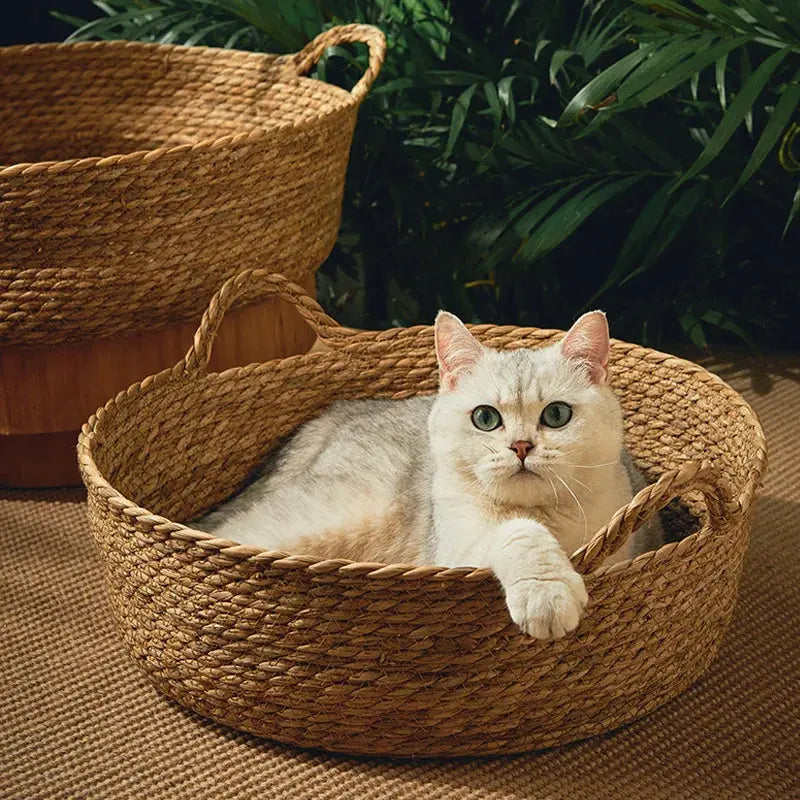 Round Summer Rattan Bamboo Pet Bed Brownstick