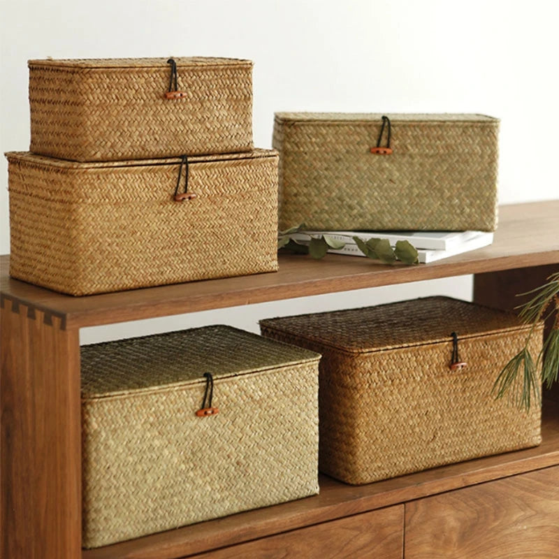 Handwoven Seagrass Storage Basket with Lid – Natural Organizer Brownstick
