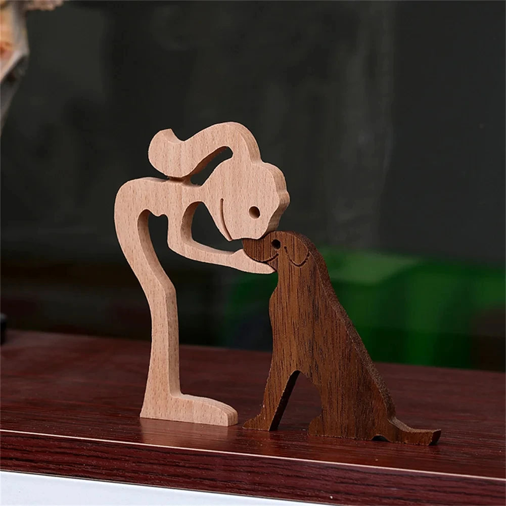 Wooden Dog & Human Figurine – Creative 3D Man Statue Brownstick