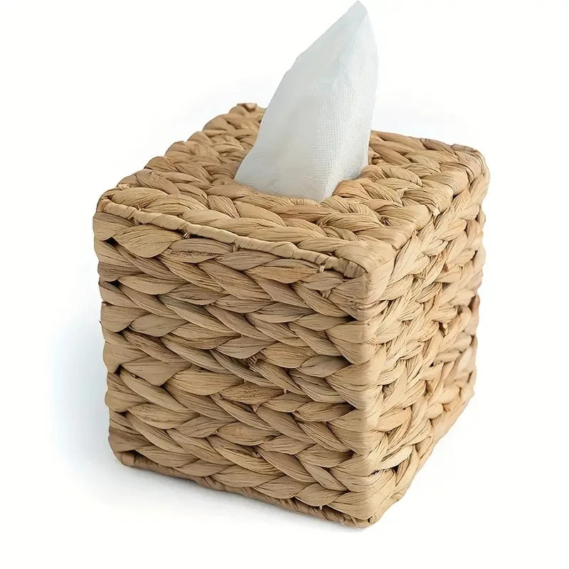 Boho Rattan Tissue Box Cover – Square Woven Wicker Holder Brownstick