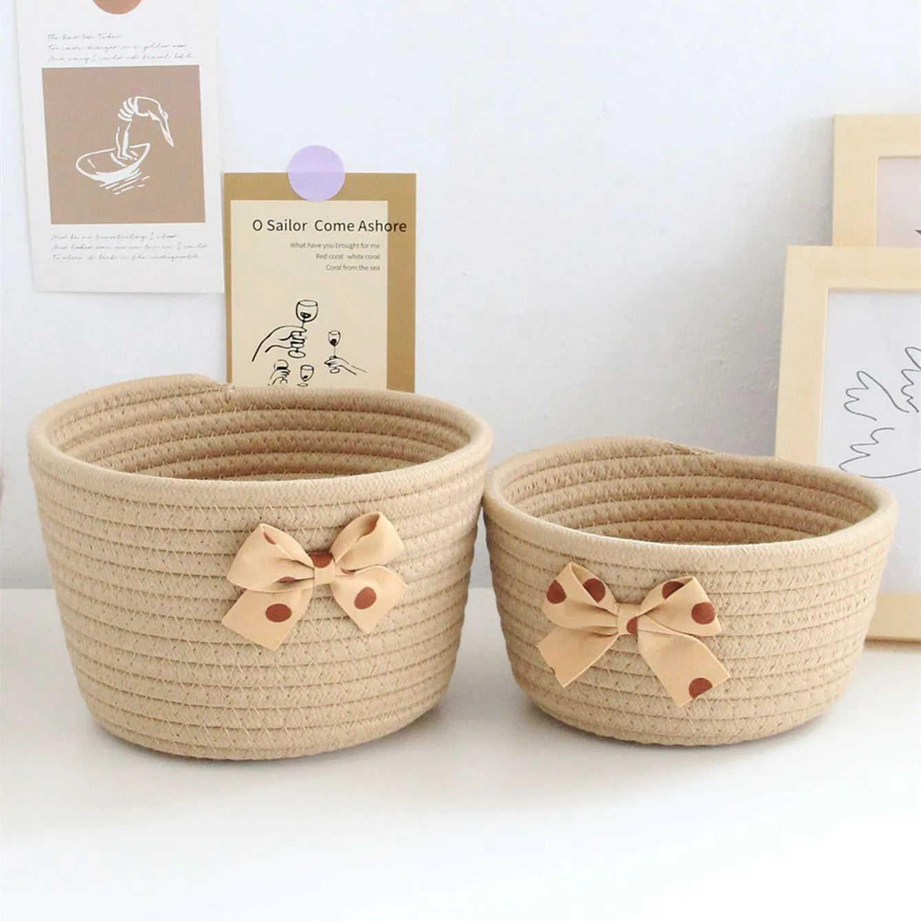 Handmade Bowknot Cotton Rope Storage Baskets – Set of 2 Brownstick