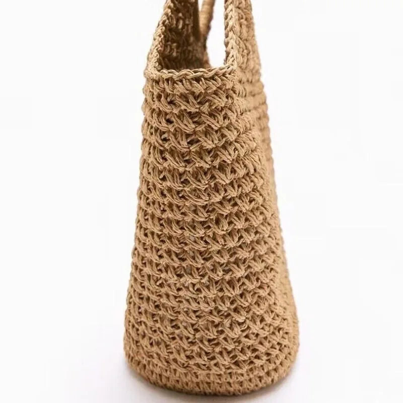 Round Handle Straw Bag – Handmade Raffia Tote for Summer Travel Brownstick