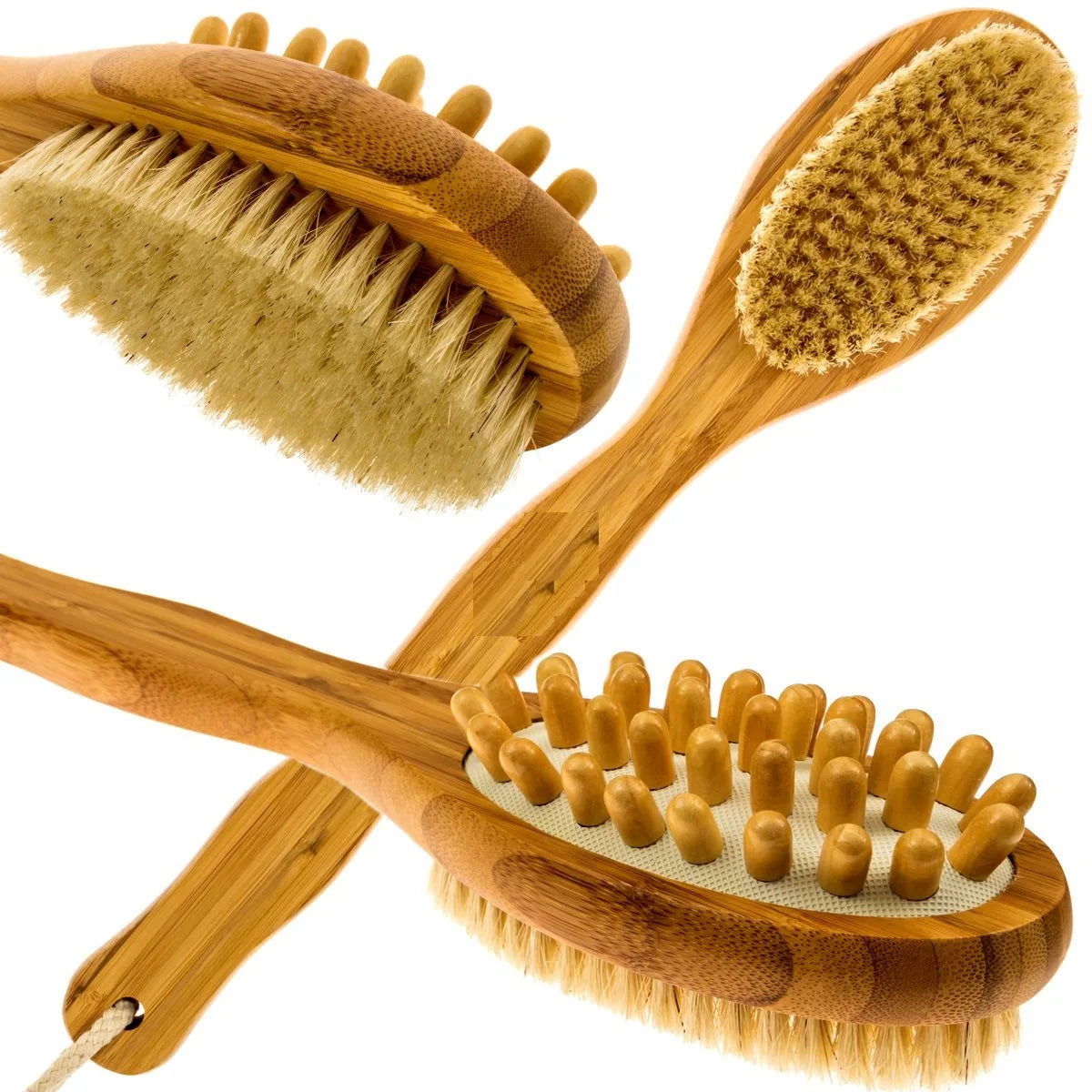 Bamboo  Long Handle Body Brush with Natural Bristles Brownstick