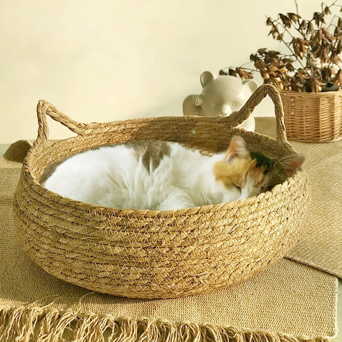 Washable Rattan Cat Bed with Scratcher & Cushion Brownstick