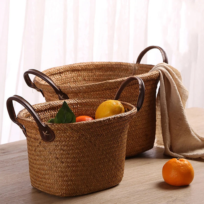 Seaweed Wicker Basket with Leather Handle  Storage & Décor Brownstick