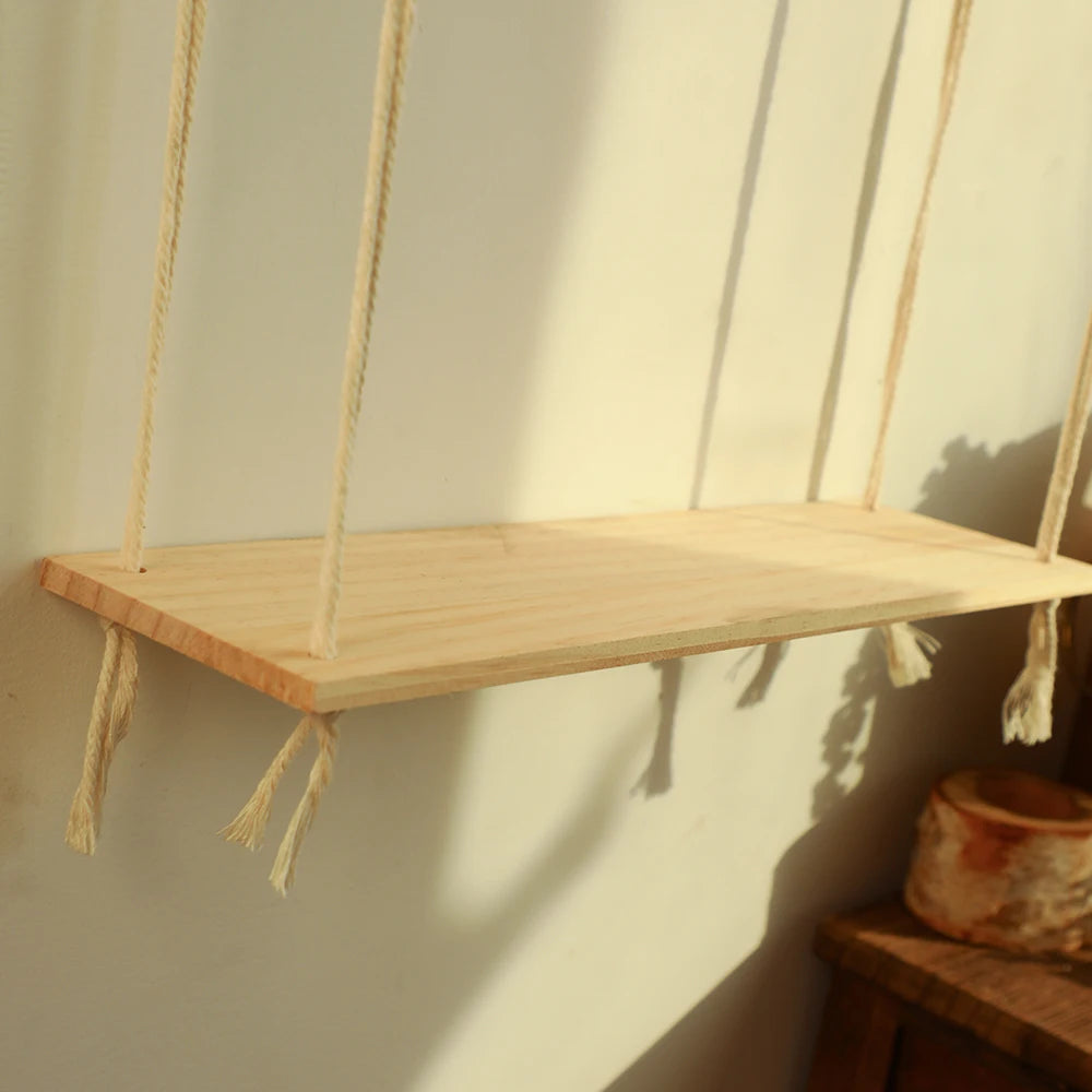 Macrame Floating Shelves 2-Tier Pine Wood Wall Shelf Brownstick