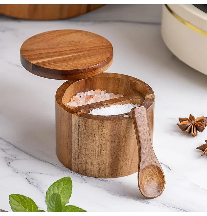 Acacia Wood Spice Box with Rotating Lid – Salt & Pepper Cellar Brownstick
