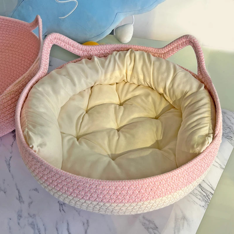 Rattan Cat Bed with Scratcher – Washable Cushion Pet House Brownstick