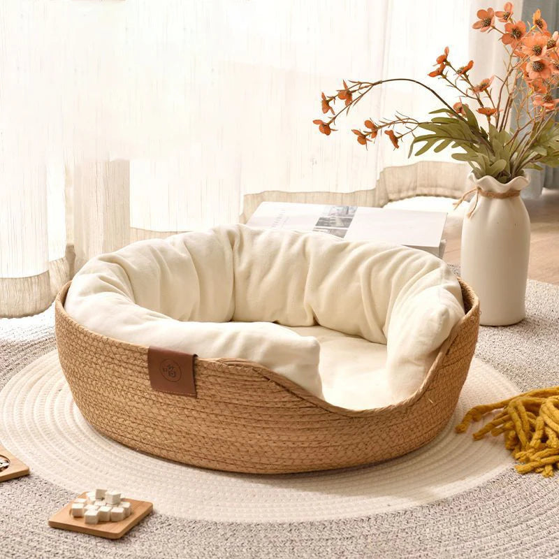 Handmade Bamboo Pet Bed – Cozy Cat & Dog Nest with Cushion Brownstick