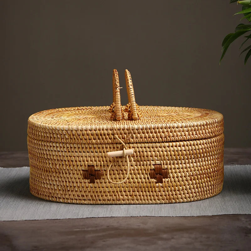 Elegant Handwoven Rattan Storage Box with Handle Brownstick