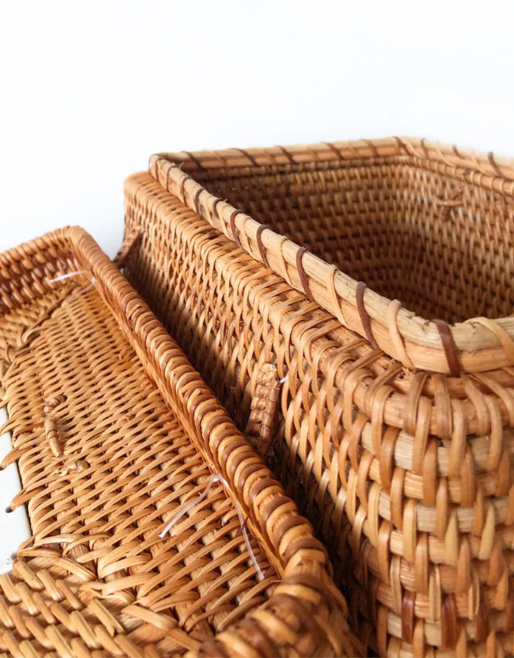Handwoven Rattan Storage Box with Handle Brownstick