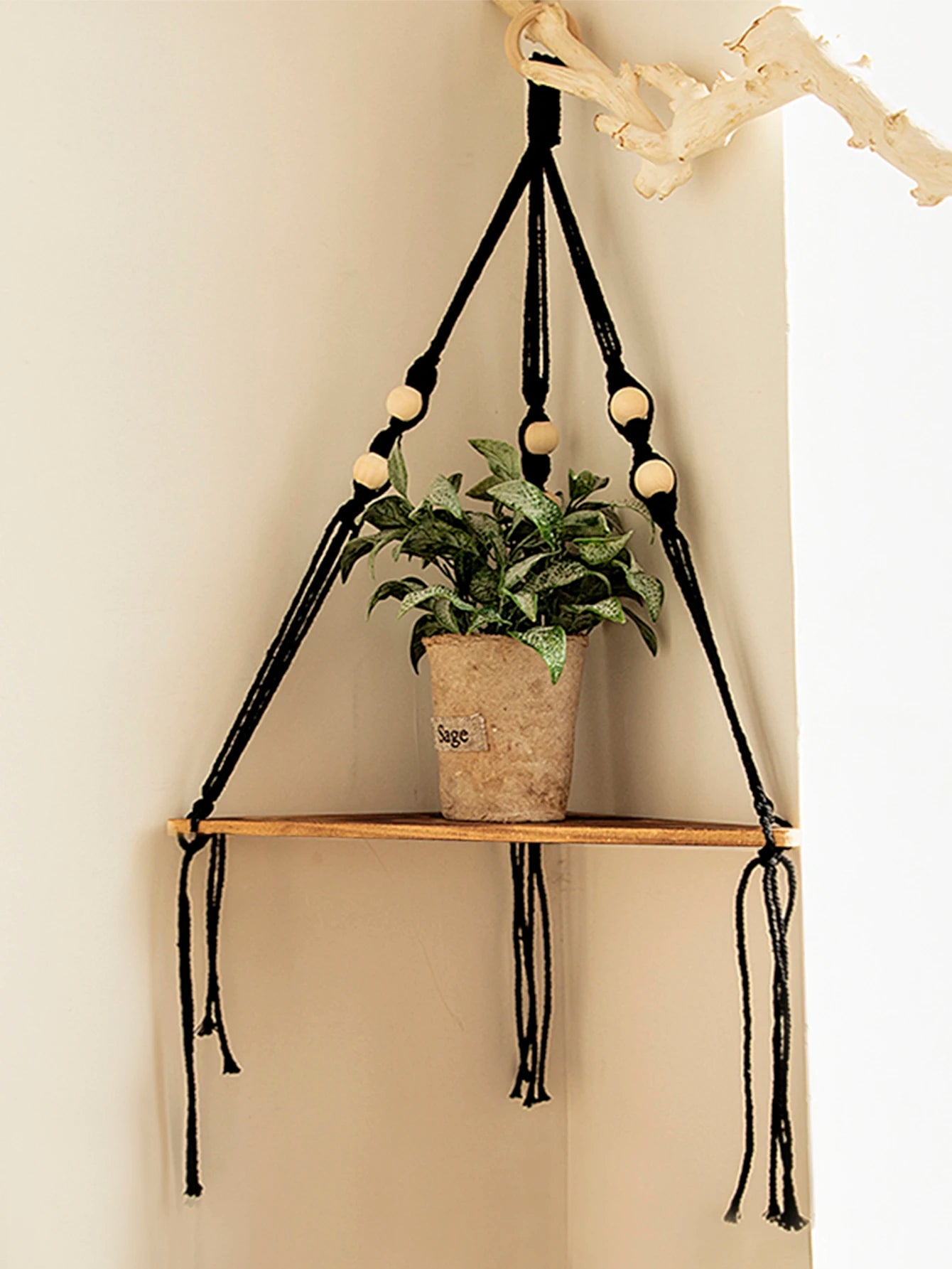 Macrame Corner Wall Shelf – Boho Triangle Shelf with Rope Hanger Brownstick
