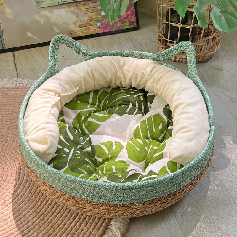 Rattan Cat Bed with Scratcher – Washable Cushion Pet House Brownstick