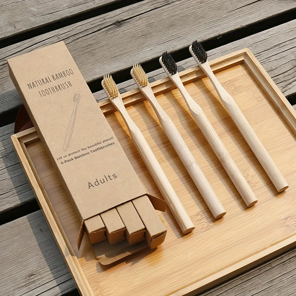 4pcs Soft Bristles Bamboo Toothbrush Set Brownstick