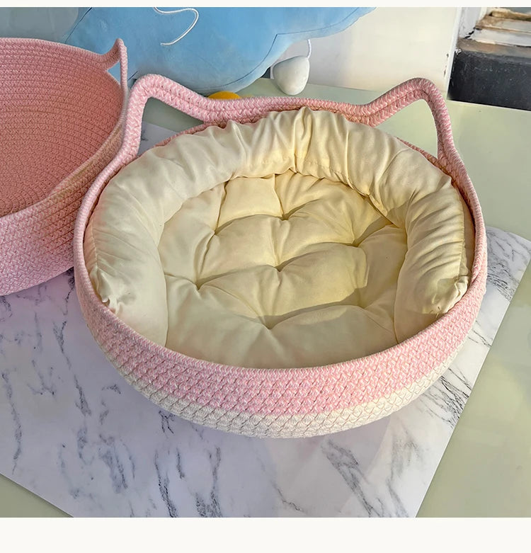 Rattan Cat Bed with Scratcher – Washable Cushion Pet House Brownstick