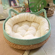 Rattan Cat Bed with Scratcher – Washable Cushion Pet House Brownstick