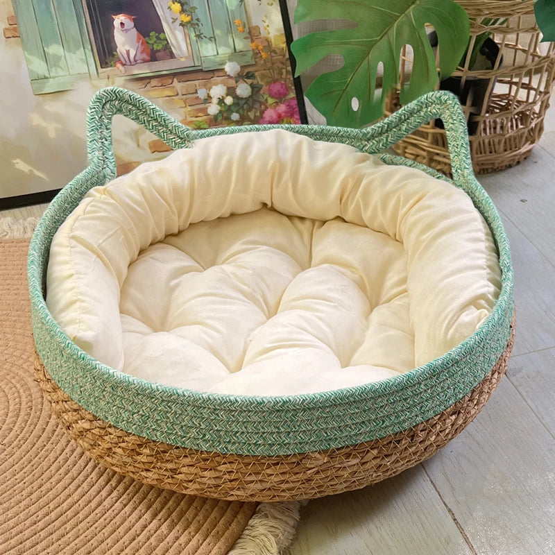 Rattan Cat Bed with Scratcher – Washable Cushion Pet House Brownstick