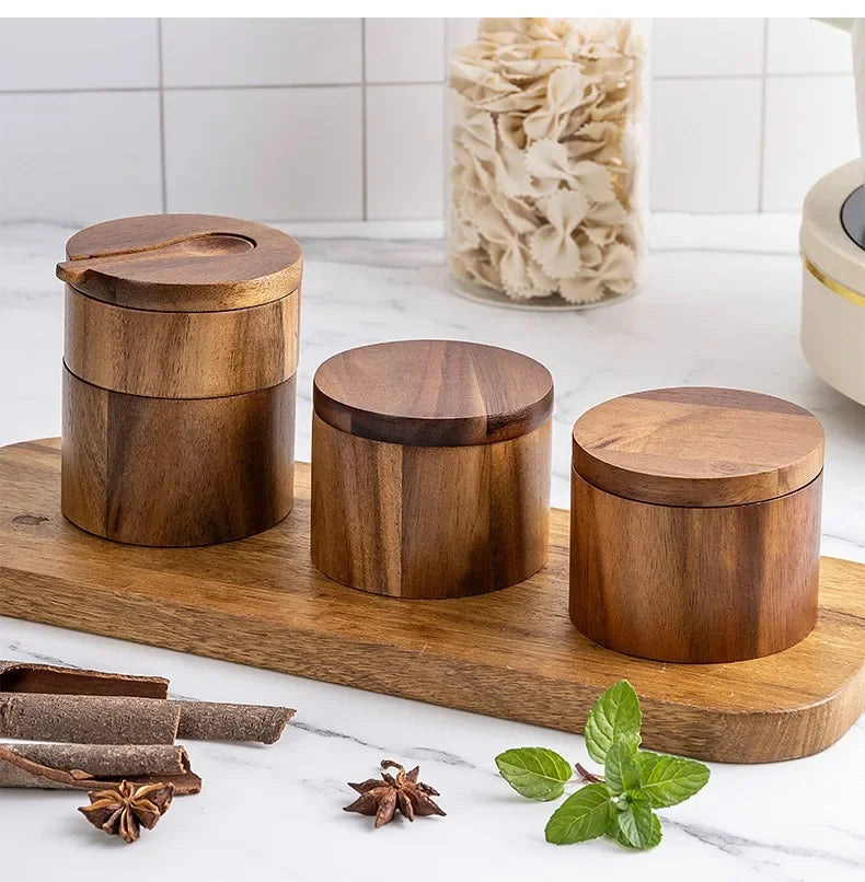 Acacia Wood Spice Box with Rotating Lid – Salt & Pepper Cellar Brownstick