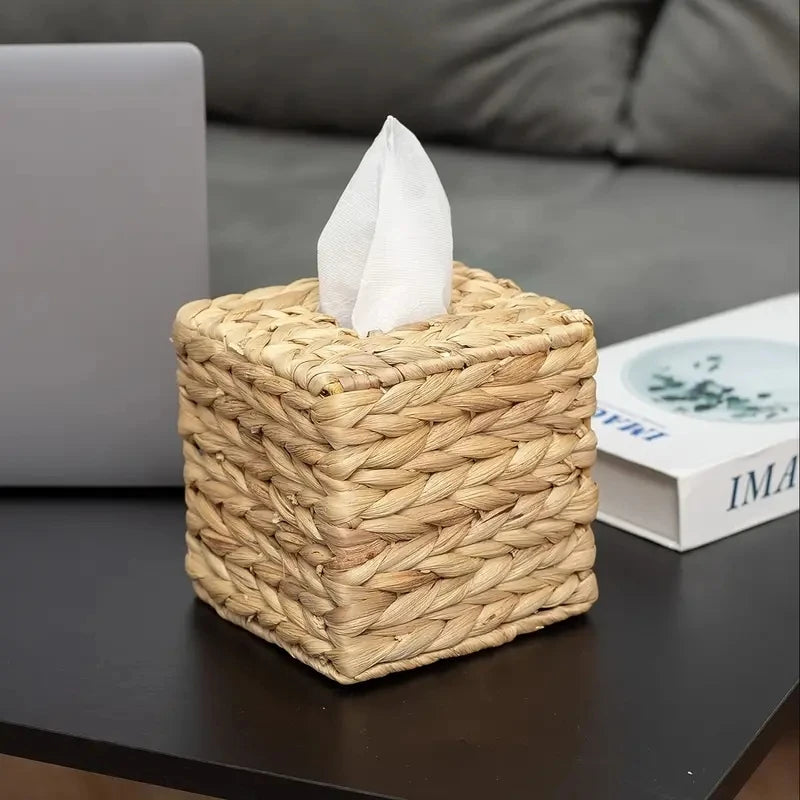 Boho Rattan Tissue Box Cover – Square Woven Wicker Holder Brownstick