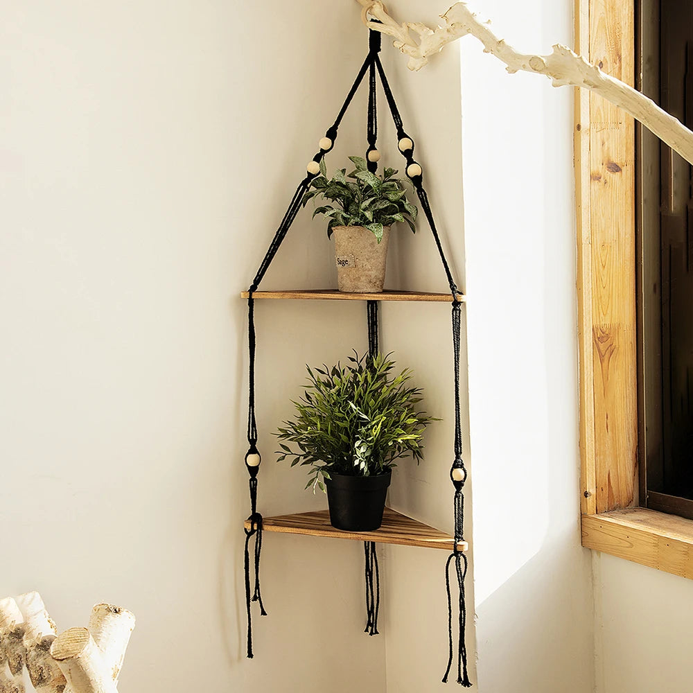 Macrame Corner Wall Shelf – Boho Triangle Shelf with Rope Hanger Brownstick