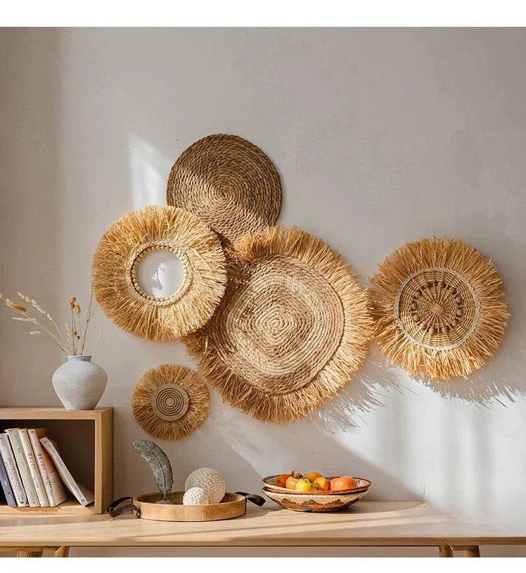 Rustic Handmade Straw Wall Decor Boho Hanging Wicker Art (7 Styles) Brownstick