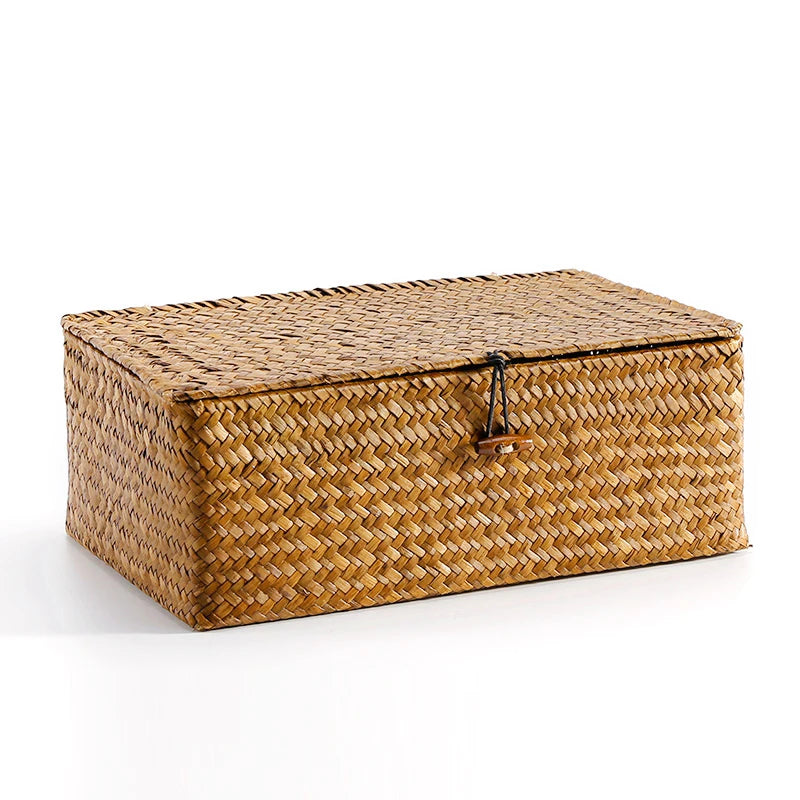 Handwoven Seagrass Storage Basket with Lid – Natural Organizer Brownstick