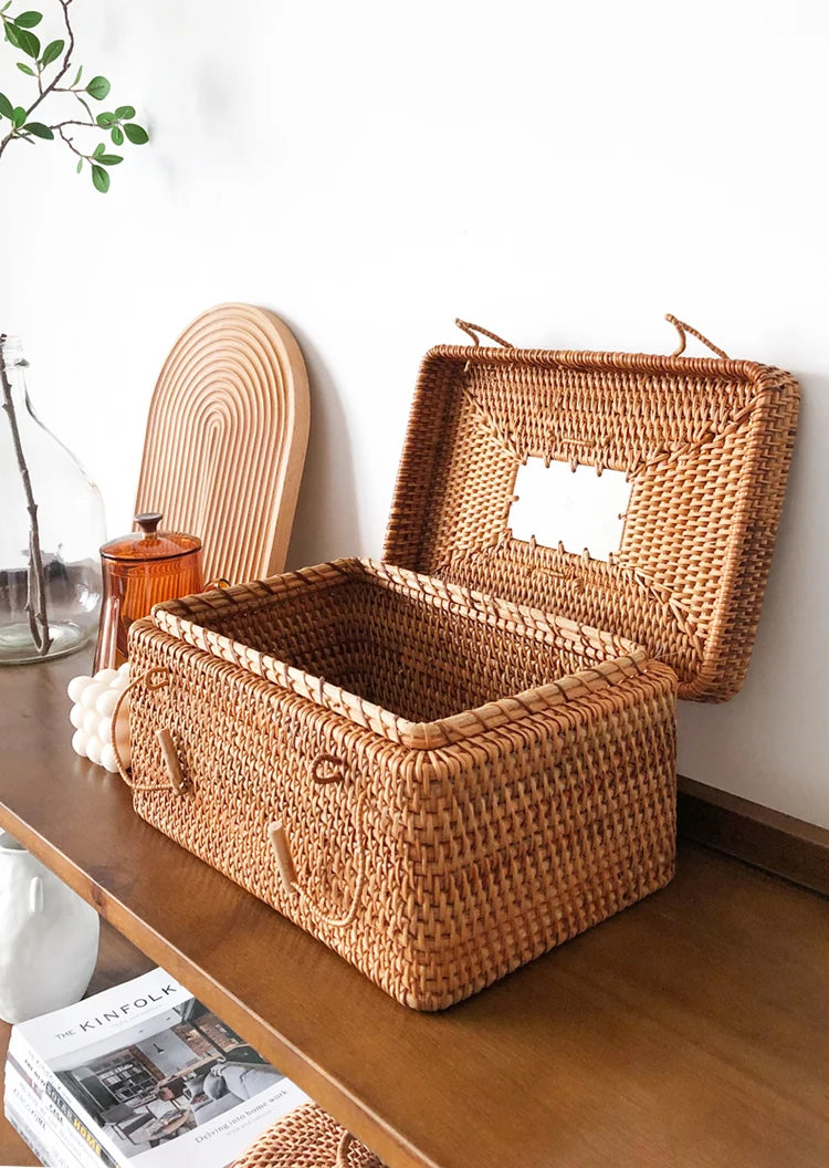 Handwoven Rattan Storage Box with Handle Brownstick