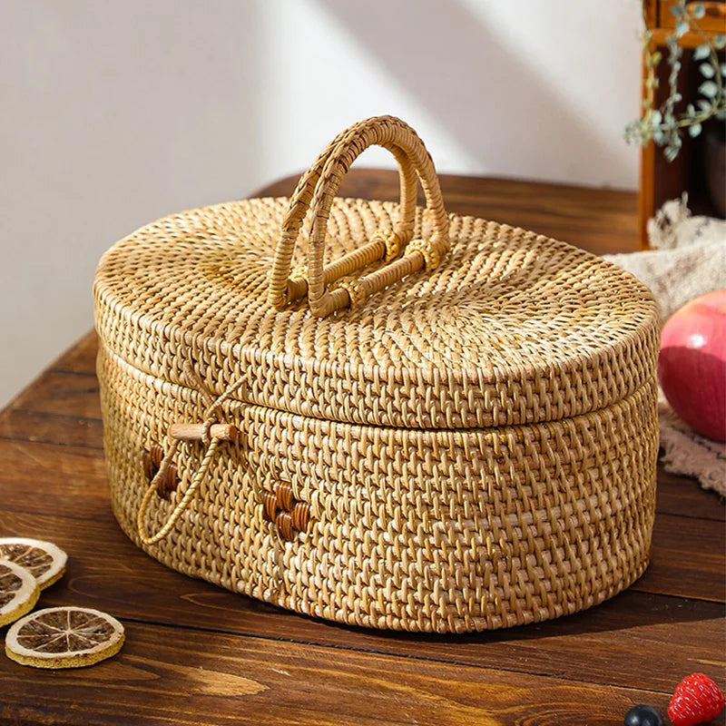 Elegant Handwoven Rattan Storage Box with Handle Brownstick