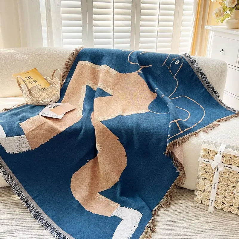 Blue Leaf Jacquard Throw Blanket Brownstick