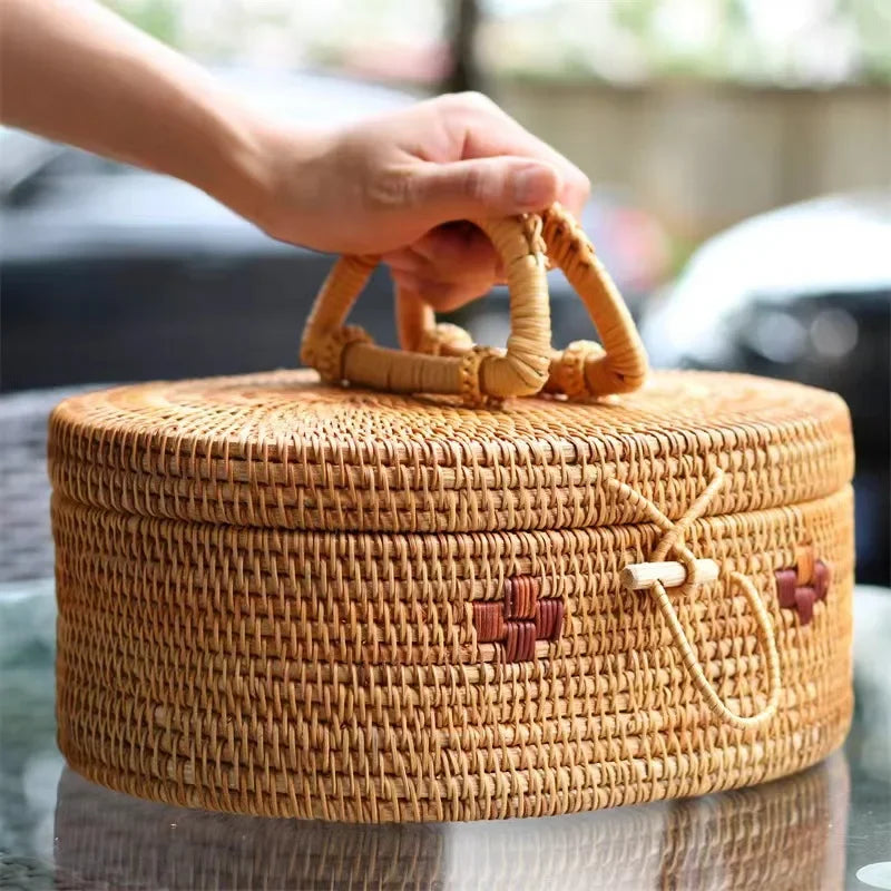Handwoven Rattan Storage Box with Handle Picnic & Kitchen Brownstick