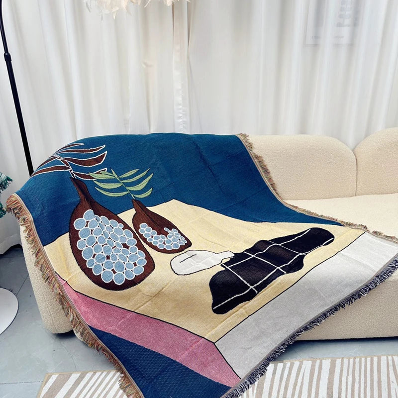 Blue Leaf Jacquard Throw Blanket Brownstick