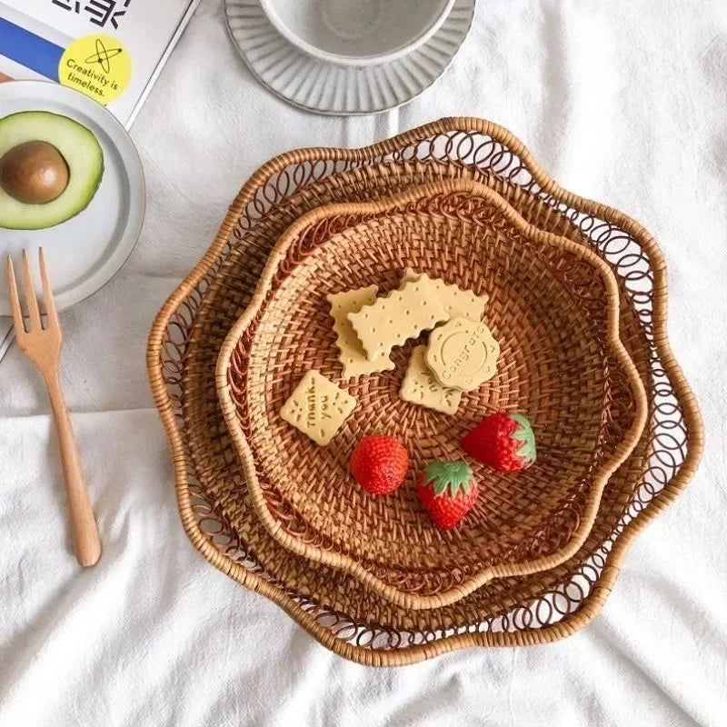 Round Rattan Woven Basket – Rustic Fruit & Bread Organizer Brownstick