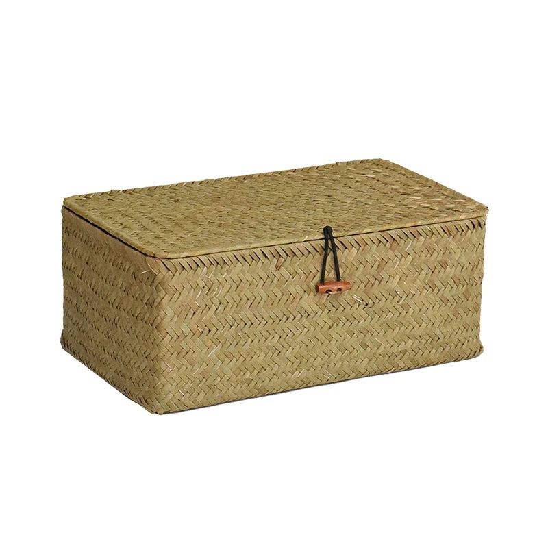 Handwoven Seagrass Storage Basket with Lid – Natural Organizer Brownstick