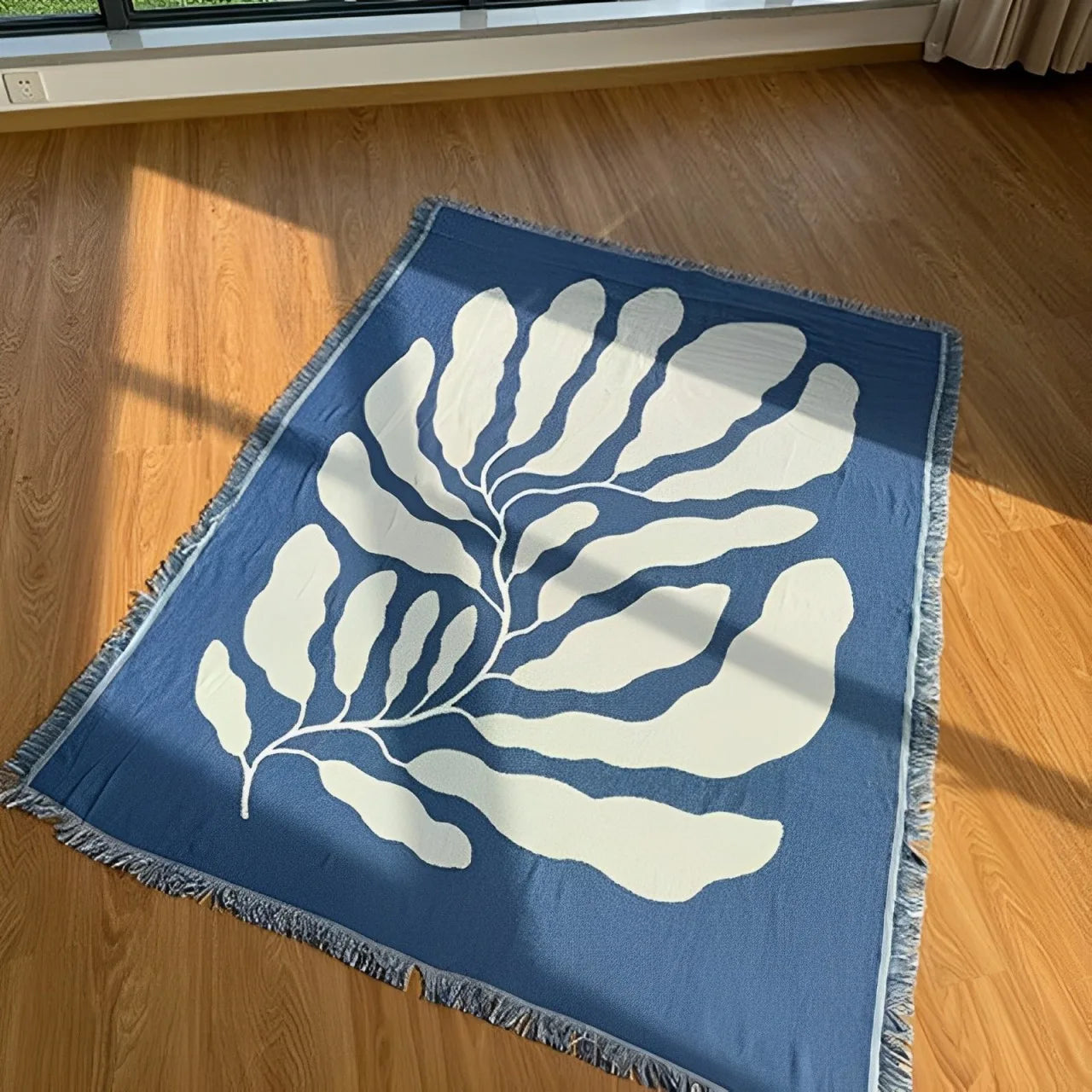 Blue Leaf Jacquard Throw Blanket Brownstick