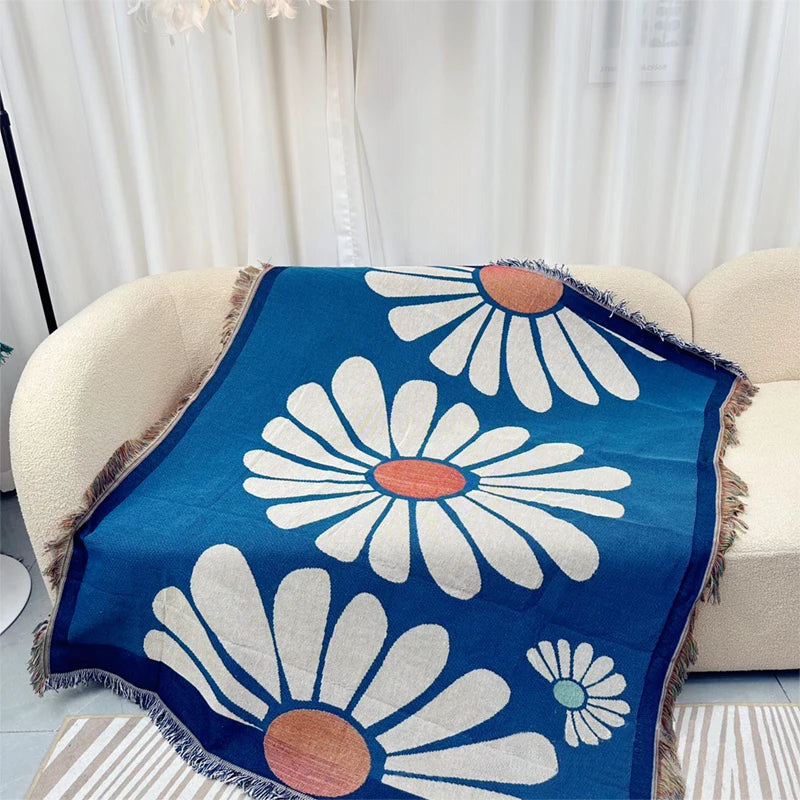 Blue Leaf Jacquard Throw Blanket Brownstick