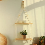 Macrame Floating Shelves 2-Tier Pine Wood Wall Shelf Brownstick