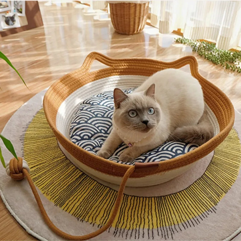 A woven cat bed featuring a removable and washable rattan design Brownstick