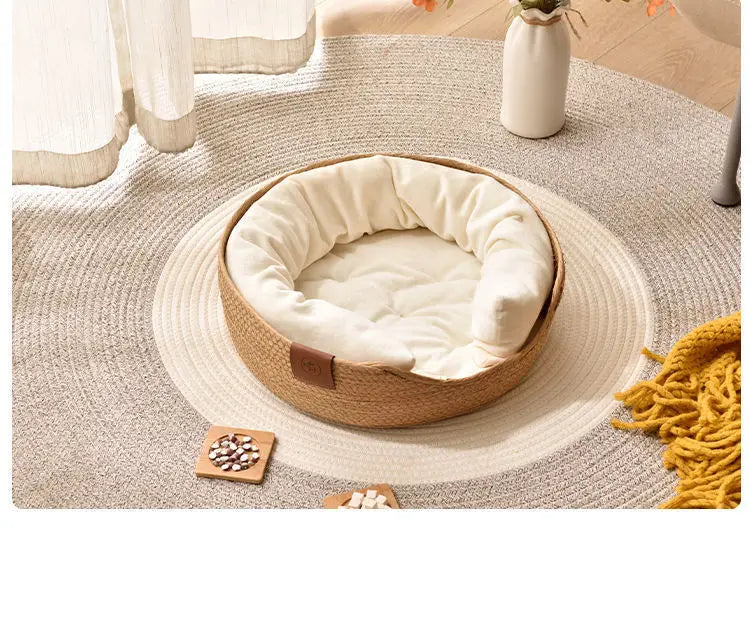Handmade Bamboo Pet Bed – Cozy Cat & Dog Nest with Cushion Brownstick