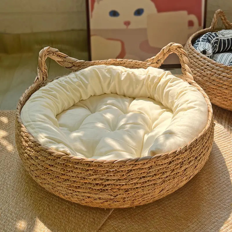 Washable Rattan Cat Bed with Scratcher & Cushion – Pet House Brownstick