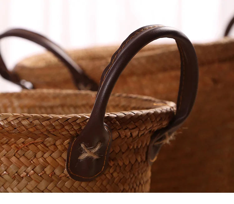 Seaweed Wicker Basket with Leather Handle  Storage & Décor Brownstick