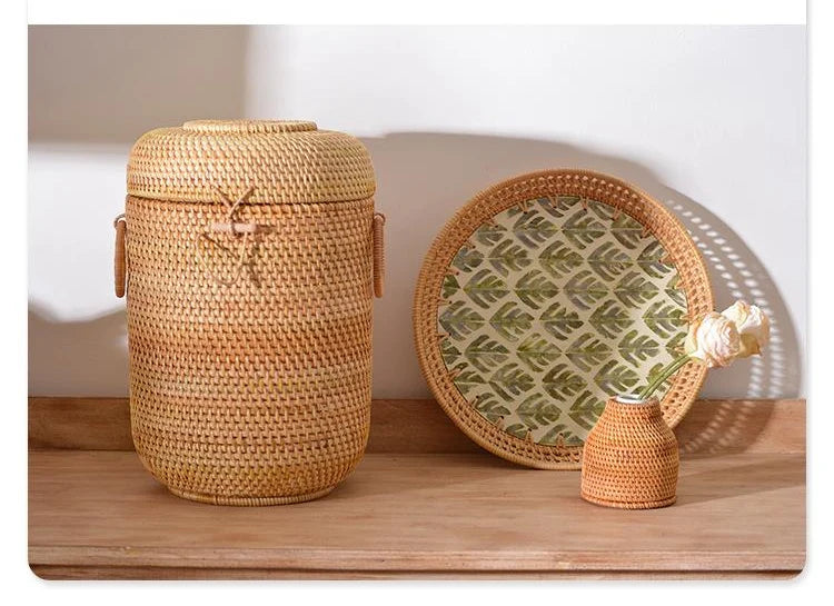 Handwoven Rattan Storage Box with Lid – Tea & Snack Organizer Brownstick