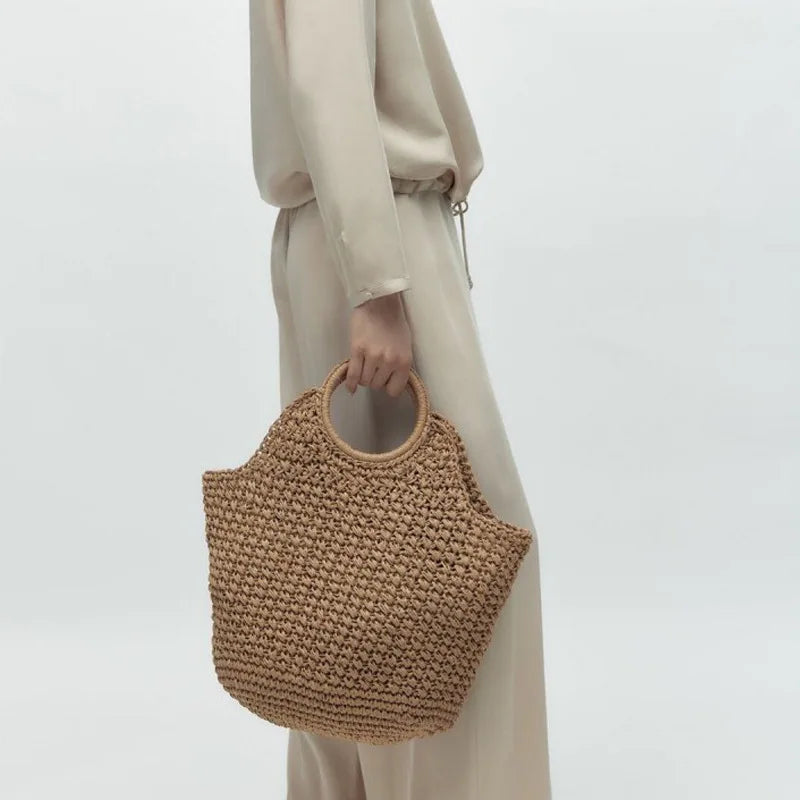 Round Handle Straw Bag – Handmade Raffia Tote for Summer Travel Brownstick