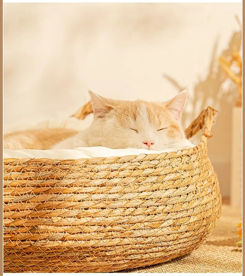 Rattan Pet Nest with Removable Washable Cushion Brownstick