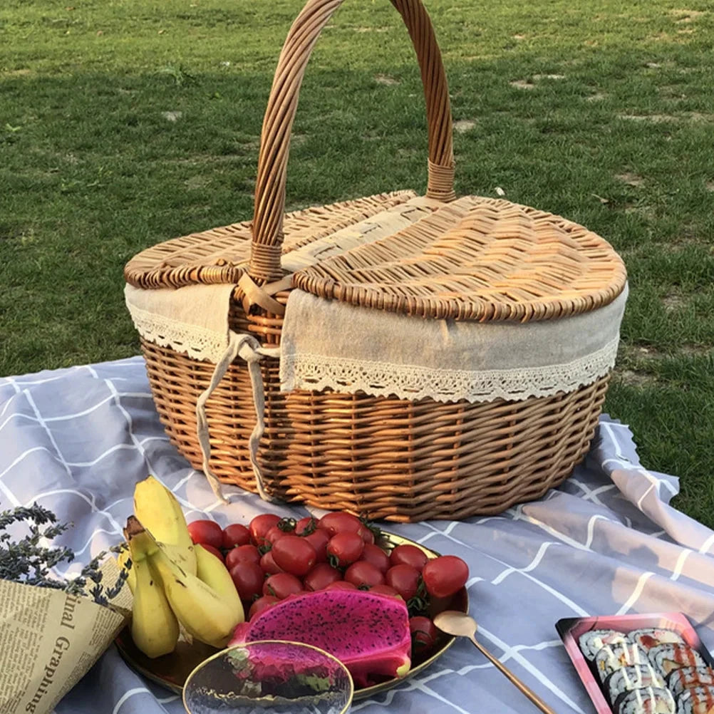 Handwoven Wicker Picnic Basket with Lid – Rustic Storage Box Brownstick