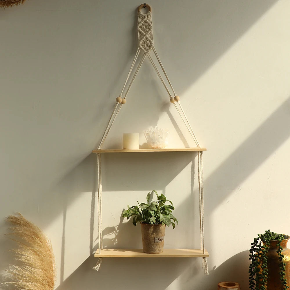 Macrame Floating Shelves 2-Tier Pine Wood Wall Shelf Brownstick