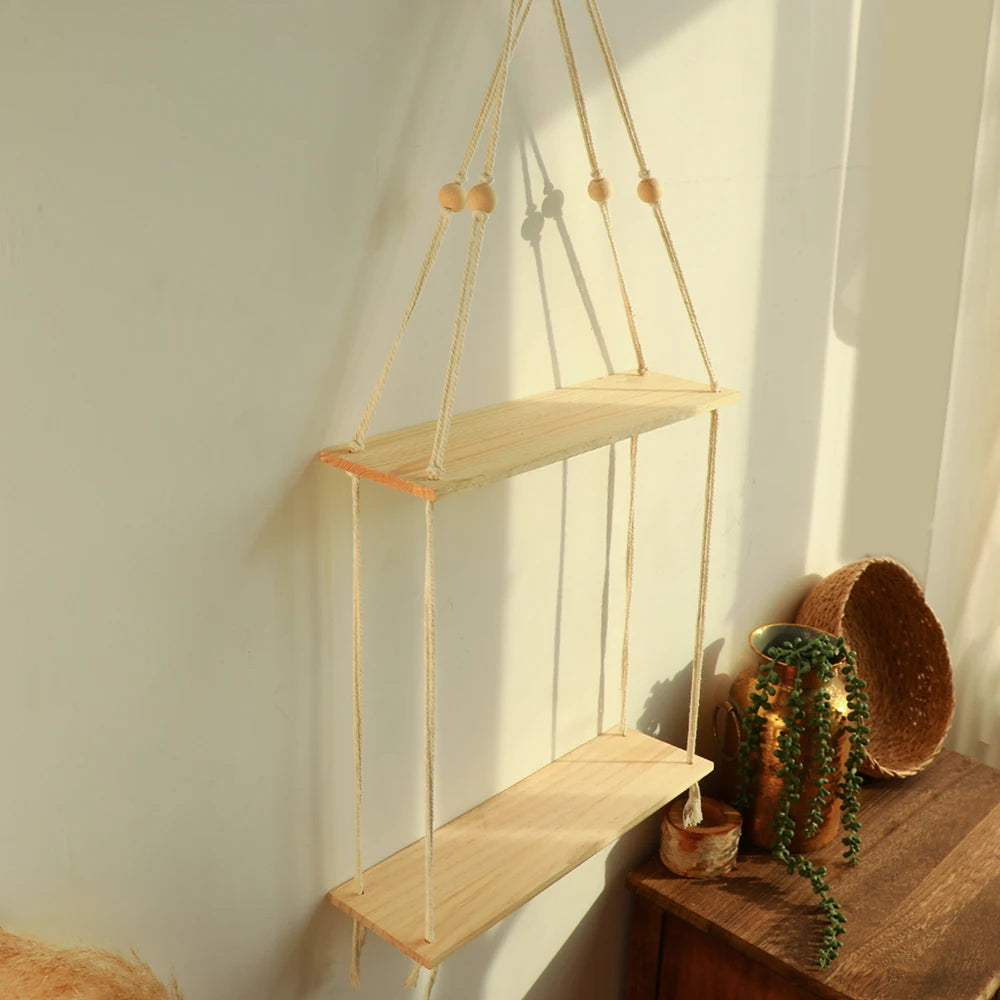 Macrame Floating Shelves 2-Tier Pine Wood Wall Shelf Brownstick