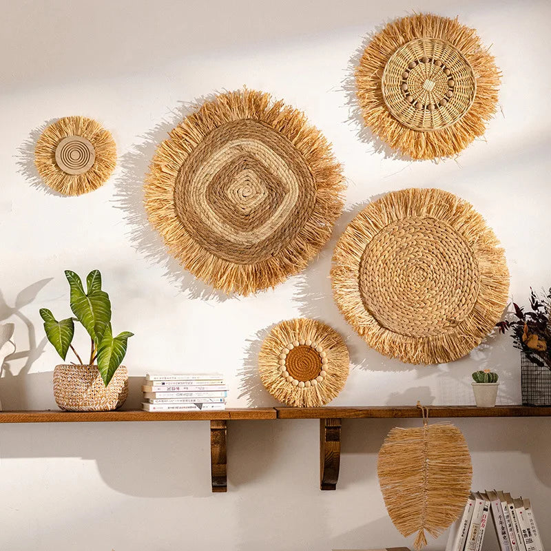 Rustic Handmade Straw Wall Decor Boho Hanging Wicker Art (7 Styles) Brownstick