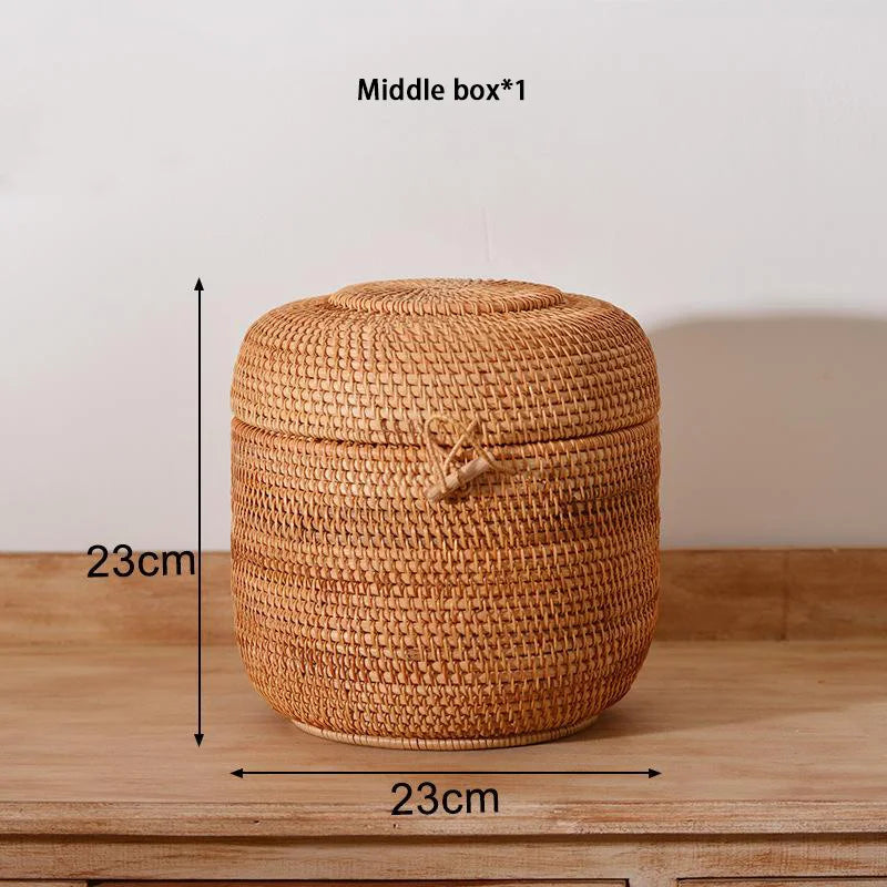 Handwoven Rattan Storage Box with Lid – Tea & Snack Organizer Brownstick